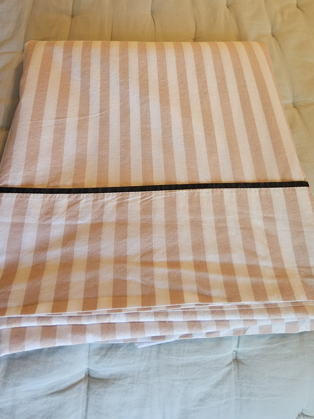 Pottery Barn Teen Tan and White Striped Flat Sheetwith Dark Trim -Queen